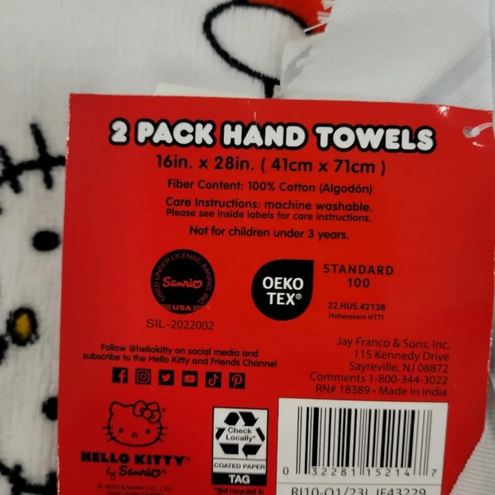 Set of 3 Sanrio Hello Kitty 2pk Hand Towels Printed White, Red, Strawberry RARE